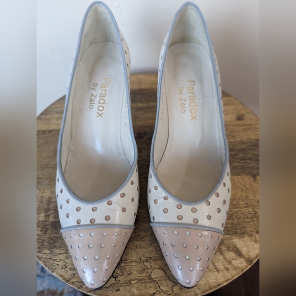 VINTAGE Paradox By Zalo Polka Dot Kitten Heels: Pink, Gray, & Cream (SIZE 7) - Picture 5 of 15